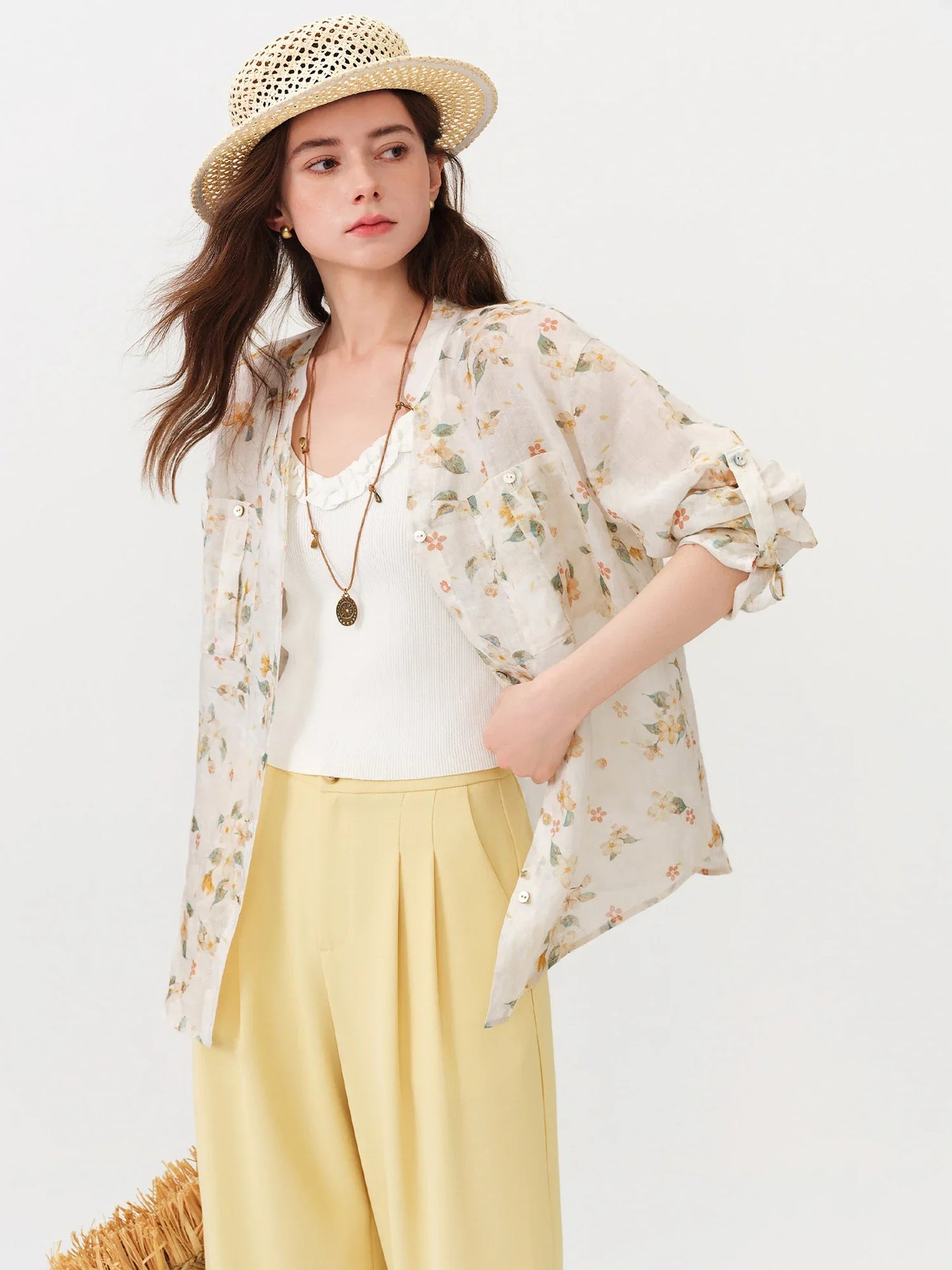 2026 Summer Women's Long Sleeve Floral Print V-Neck Shirt - Relaxed Fit Casual Blouse for Daily and Summer Layering