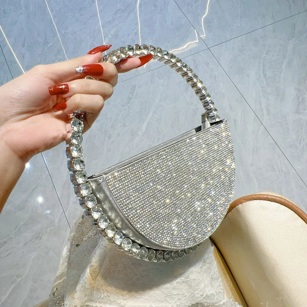 New niche round set diamond shaped handbag, socialite rhinestone banquet bag, French dress evening bag, crossbody dinner bag