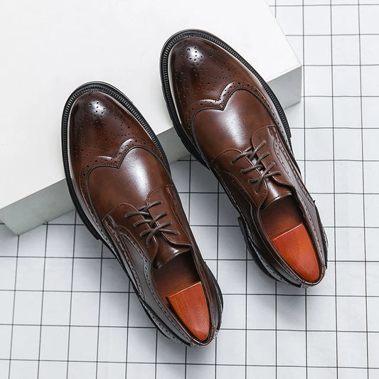 Men's Leather Brogue Oxford Dress Shoes Formal Business Handmade Classic 2026 Brown Black Chaussure Homme