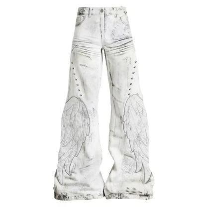 American Retro Hot Girl Tie-Dye Women's High-Waisted Bell-Bottom Pants Slim Ripped New Autumn And Winter Washed Casual Trousers