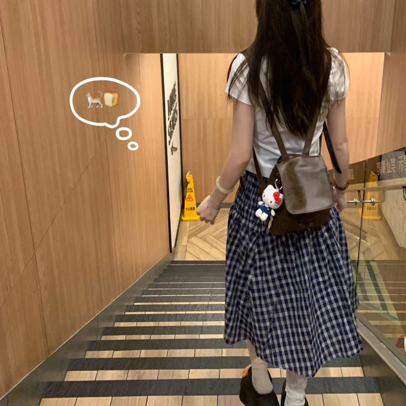 Vintage Plaid Mini Skirt Women Harajuku Aesthetic Patchwork Knee Length Skirts Summer Korean High Waist A Line Faldas New