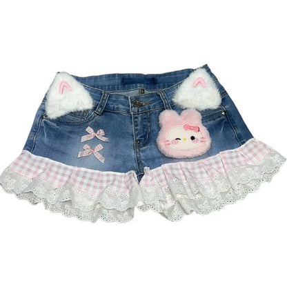 Y2K Vintage Spice Girls Cute Two-dimensional Pink Plaid Rabbit Ears Stitching Lace Denim Shorts Retro Sweet Cowboy Short Pants