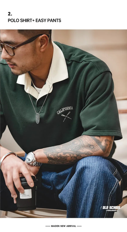 Contrasting Color Short Sleeve T-shirts for Men Summer Green Loose Fit Polo Shirt Casual Embroidery Tee Tops for Daily