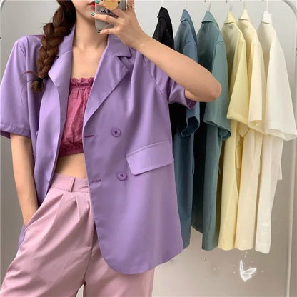 2025 Women's Summer Short-sleeved Jacket Casual All-match Loose Double-breasted Blazers Coat Woman Korean Chic White Blazer