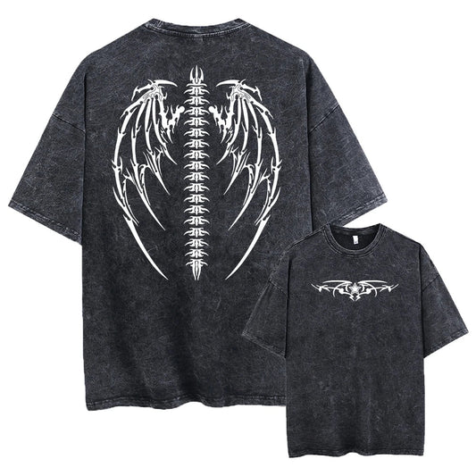 Oversized Wings Printed Tshirts Men Gym Vintage Heavyweight T Shirts Cotton Workout Acid Wash Baggy Tees Street Tops Unisex