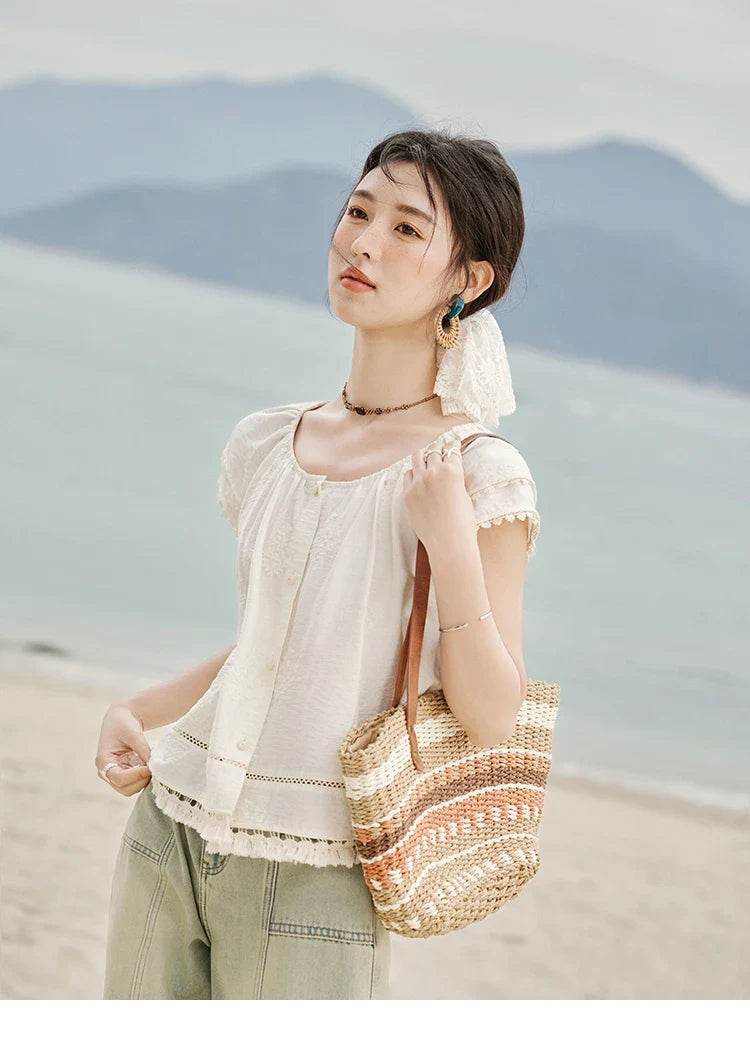 Embroidered French Shirt Women Summer 2025 Short Sleeve Round Neck Solid Blouses Female Fashion New Tops Lady MXE33X1744