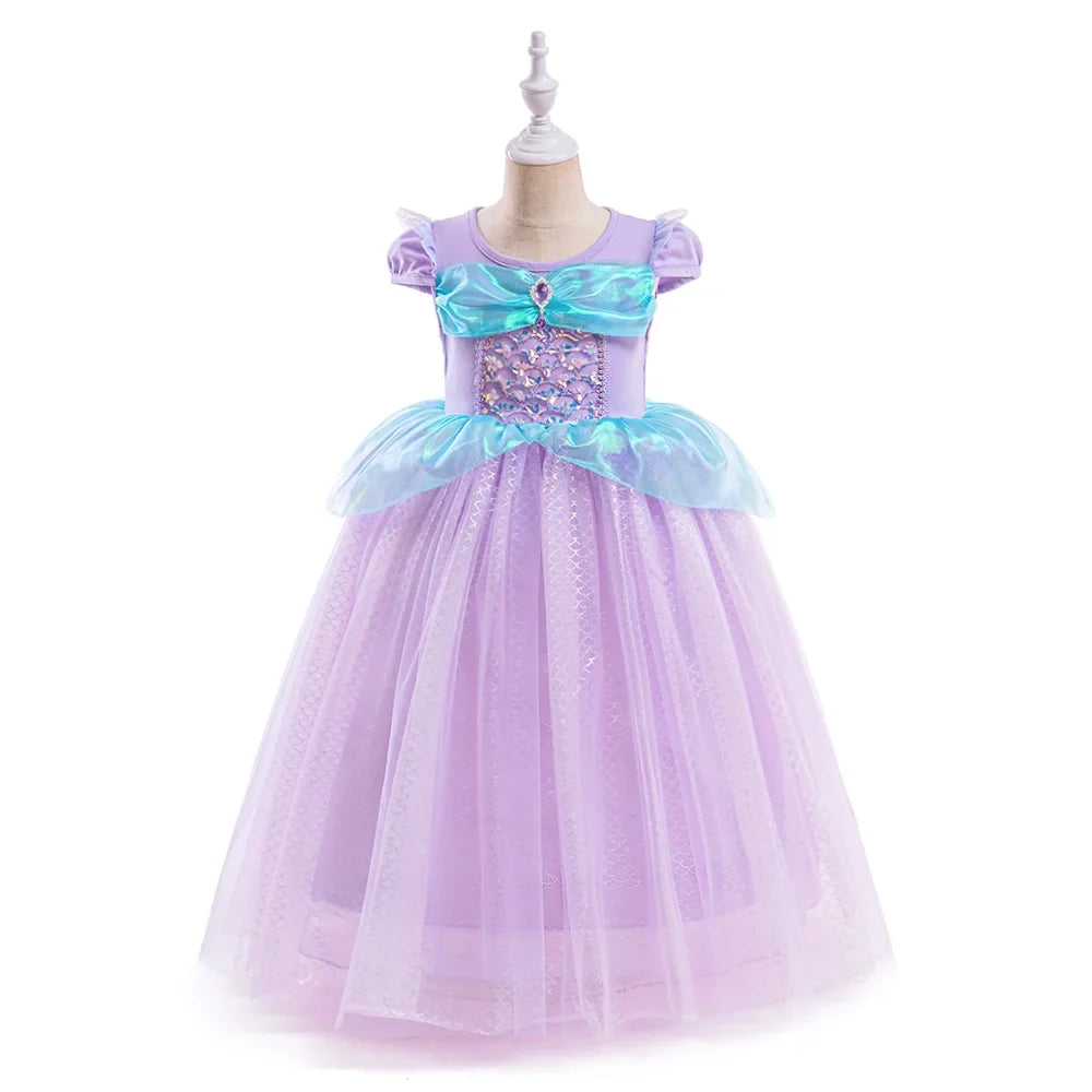 Little Mermaid Ariel Princess Costumes Young Girls Purple Dress Kids Cosplay Carnival Gown Birthday Tutu Dresses Summer New Wear