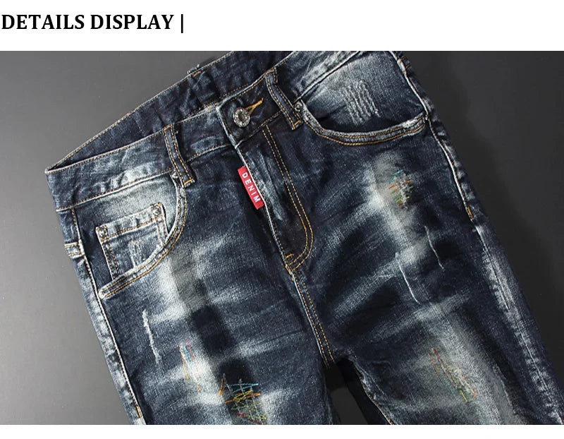 Streetwear Fashion Men Jeans Retro Black Blue Elastic Slim Fit Ripped Jeans Men Spliced Designer Embroidery Hip Hop Denim Pants