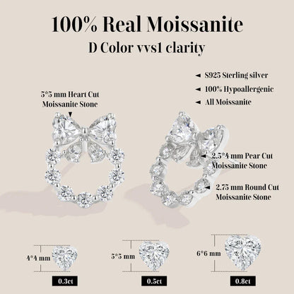 Heart Moissanite Earrings Bow Wreath Design S925 Silver 18k Gold Engagement Jewelry for Women Birthday Gifts Wholesale