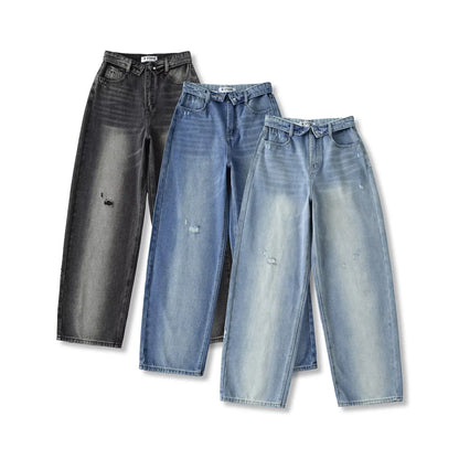 American Retro Cuffed High Waist Slimming Casual Denim Jeans Women's Autumn Versatile Loose Straight Leg Floor-Length Pants