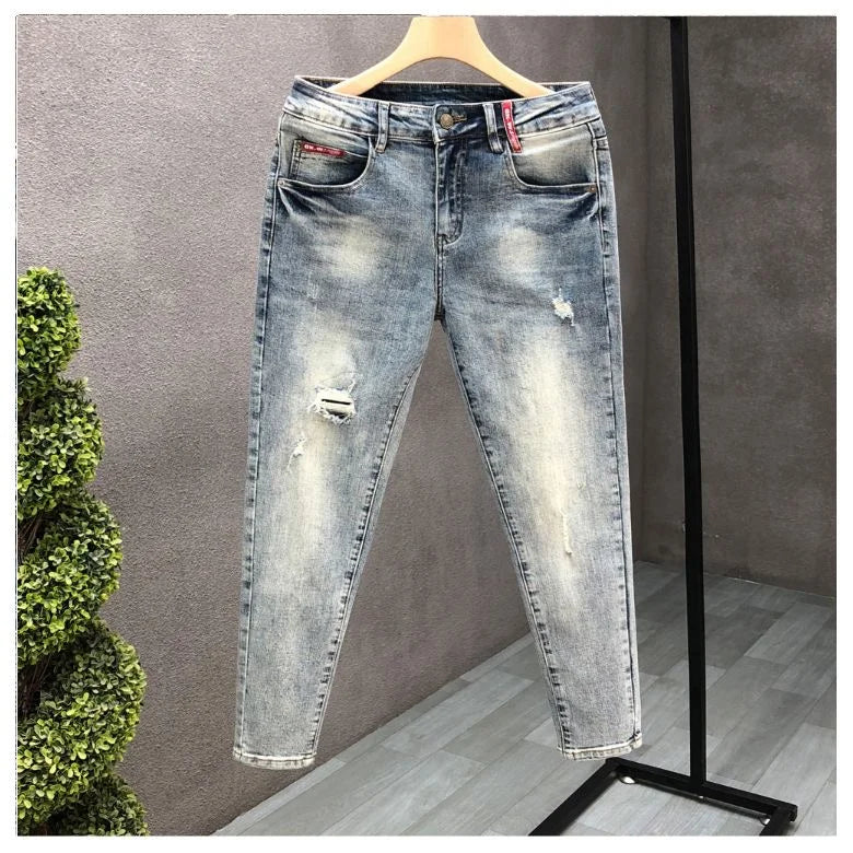 Trendy Men's Slim Fit Jeans Tear Hole Summer Thin Blue Cotton Elastic Waist Zipper Closure Casual Long Pants Youth Wear