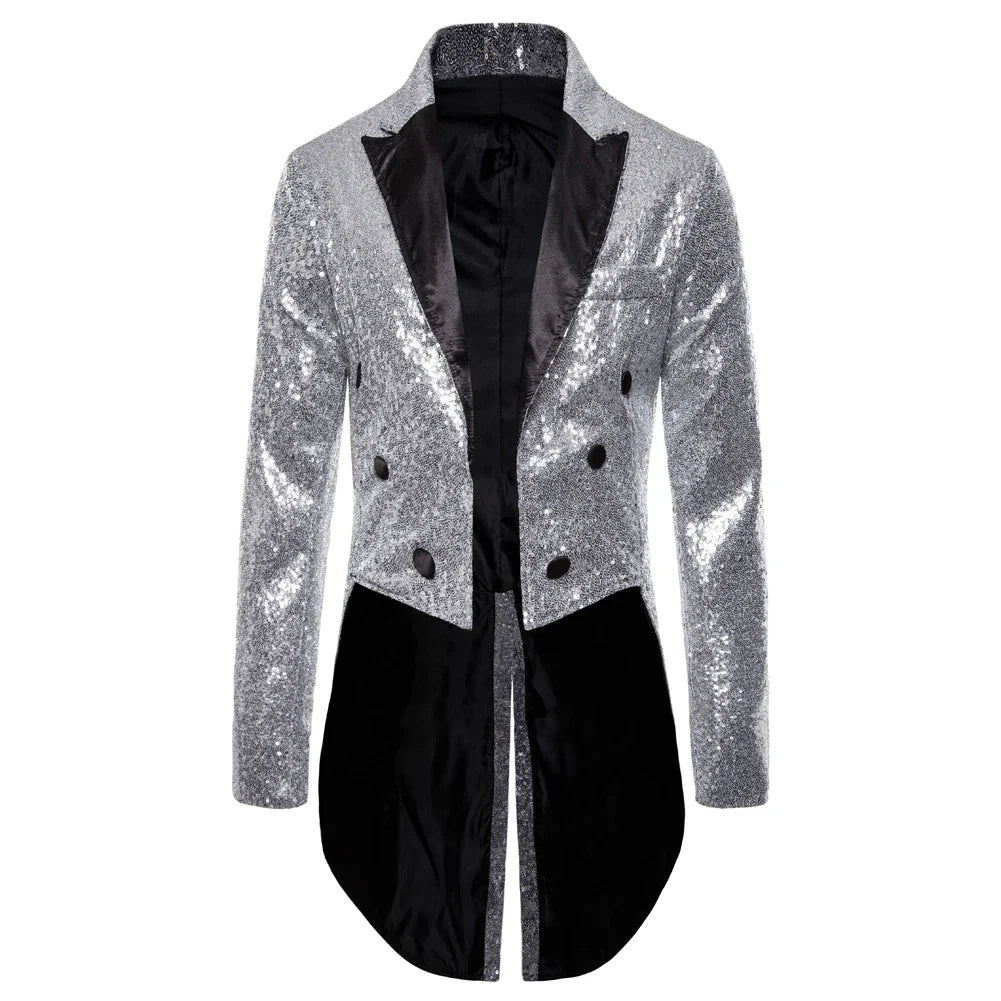 Shiny Gold Sequins Glitter Tailcoat Suit Jacket Male Double Breasted Wedding Groom Tuxedo Blazer Men Party Stage Prom Costume