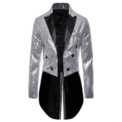 Shiny Gold Sequins Glitter Tailcoat Suit Jacket Male Double Breasted Wedding Groom Tuxedo Blazer Men Party Stage Prom Costume