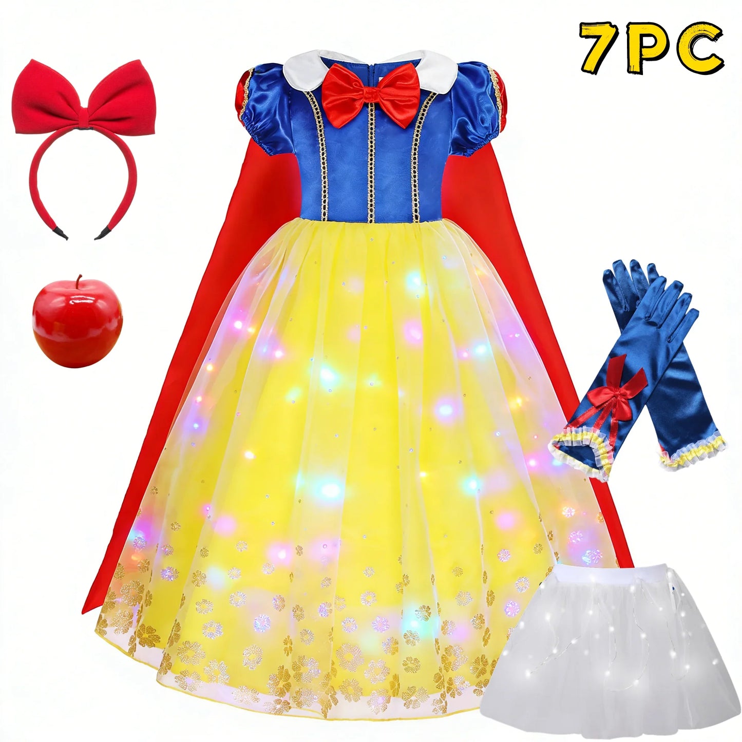 Popular Movie LED Princess Dress, White Snow Dress, With Cape And Headpiece For Halloween Carnival Birthday Party Cosplay