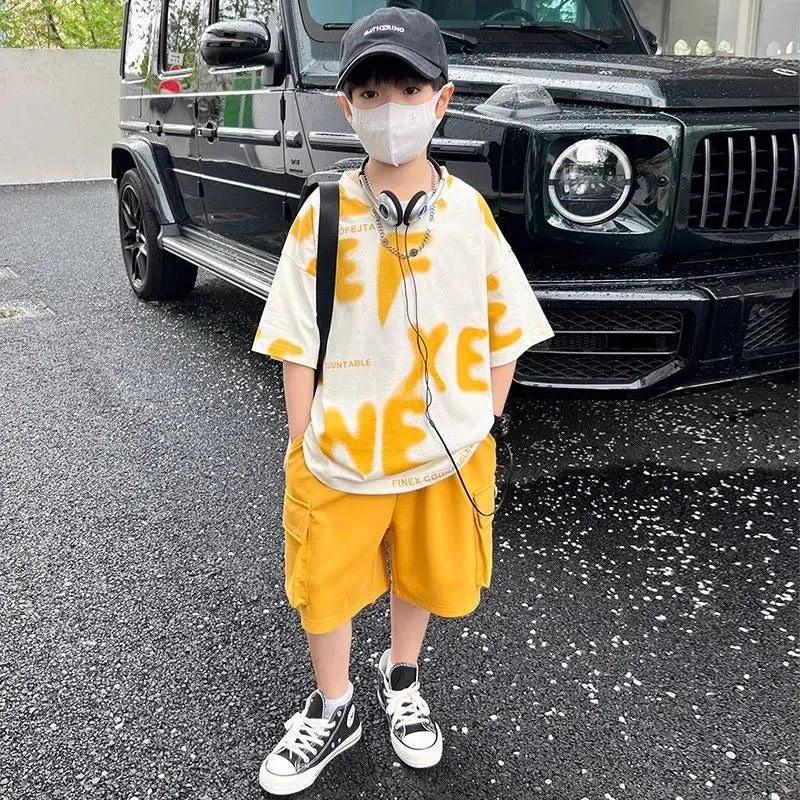 Printed Short Sleeve Children's Boy's Clothing Summer Suit Set Tees Tracksuit T-shirts Boy´s Elementary Student Men's Clothes