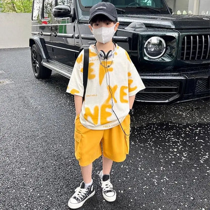 Printed Short Sleeve Children's Boy's Clothing Summer Suit Set Tees Tracksuit T-shirts Boy´s Elementary Student Men's Clothes