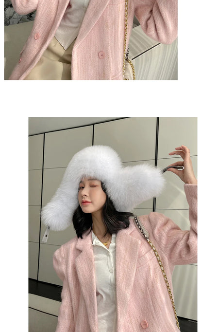 Winter Warm Real Fox Fur Hat Ear-Protecting Hats Women's Genuine Leather Windproof Fox Fur Bomber Hat Thickened Sheepskin Cap
