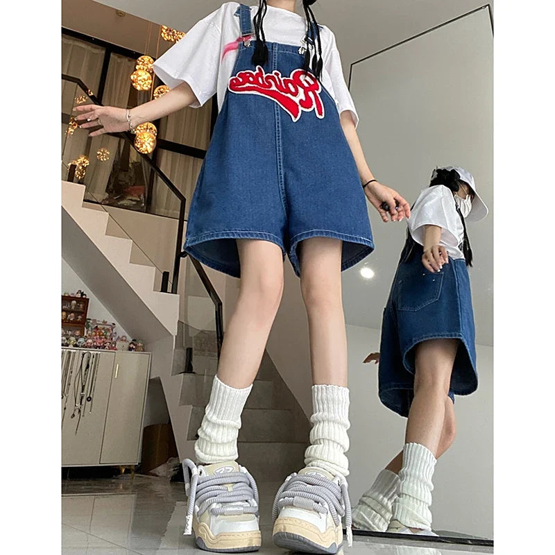 Women Streetwear Kawaii Denim Shorts Overalls Lady Fashion Embroidery Oversize Wide Leg Jeans Female Y2k Clothes Deep Blue Pants