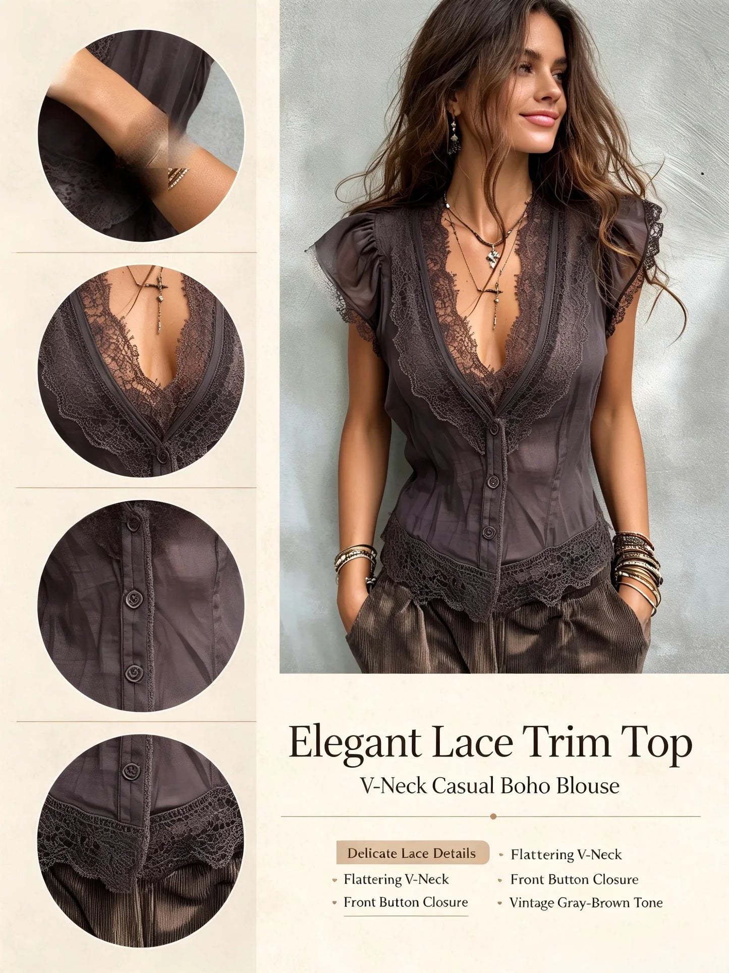 Women Boho Deep V Lace Trim Flutter Sleeve Chiffon Blouse, Sheer Tie Waist Vintage Cropped Vacation Top