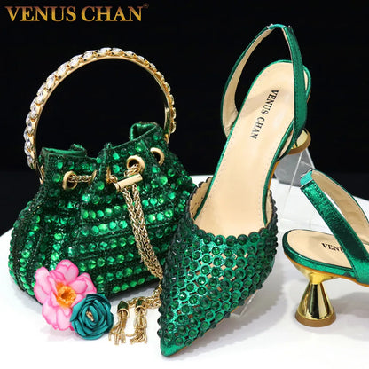 High Heels for Lady 2023 Luxury Designer Green Color Full Diamond Pointed Toe Wedding Shoe and Bag Set for Party