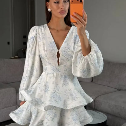 Women Floral Print Mini Dress V-neck Balloon Sleeve Keyhole Detail Tiered Ruffle Hem Dresses 2026 New Summer Holiday Party Gowns
