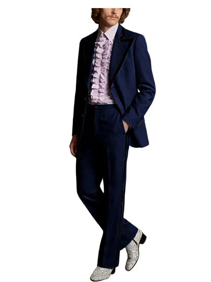 Men's Tuxedo Suit with Black Trim 2-Piece Slim Fit Blazer Pants Set Business Casual Jacket Straight Leg Trousers Formal Outfit