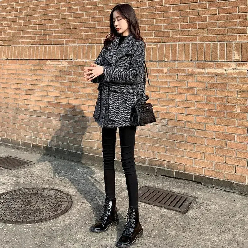 Blazer Woman Jacket Black Dress Wool & Blend Clothes Over Outerwears Long Coats for Women Slim Plaid Tweed Warm Velvet Check