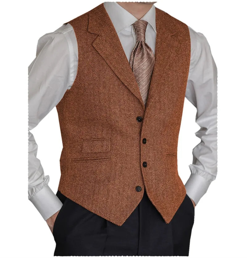 Men's Formal Suit Vests Slim Fit Males Tailored Collar Herringbone Tweed Casual Business Waistcoat Groomsman Vest For Wedding