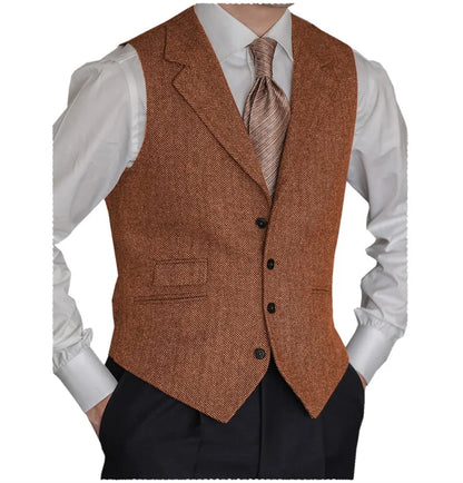 Men's Formal Suit Vests Slim Fit Males Tailored Collar Herringbone Tweed Casual Business Waistcoat Groomsman Vest For Wedding