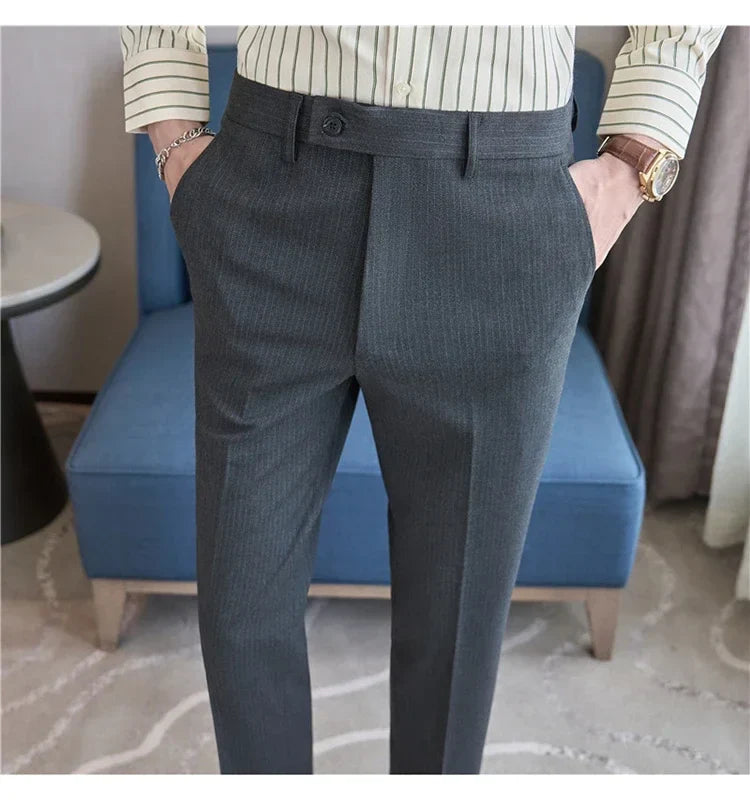 British Style Pinstripe Slim Fit Suit Pant Men Business Casual Simple Dress Pants High Quality Social Wedding Party Trousers