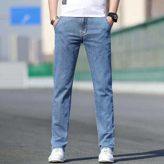 2024 Summer New Men's Loose Stretch Gray Jeans Fashion Casual Stretch Straight-leg Denim Pants Male Light Blue Brand