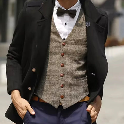 Men's Vintage Plaid Suit Vest Tweed Wool Waistcoat for Groomsmen for Wedding