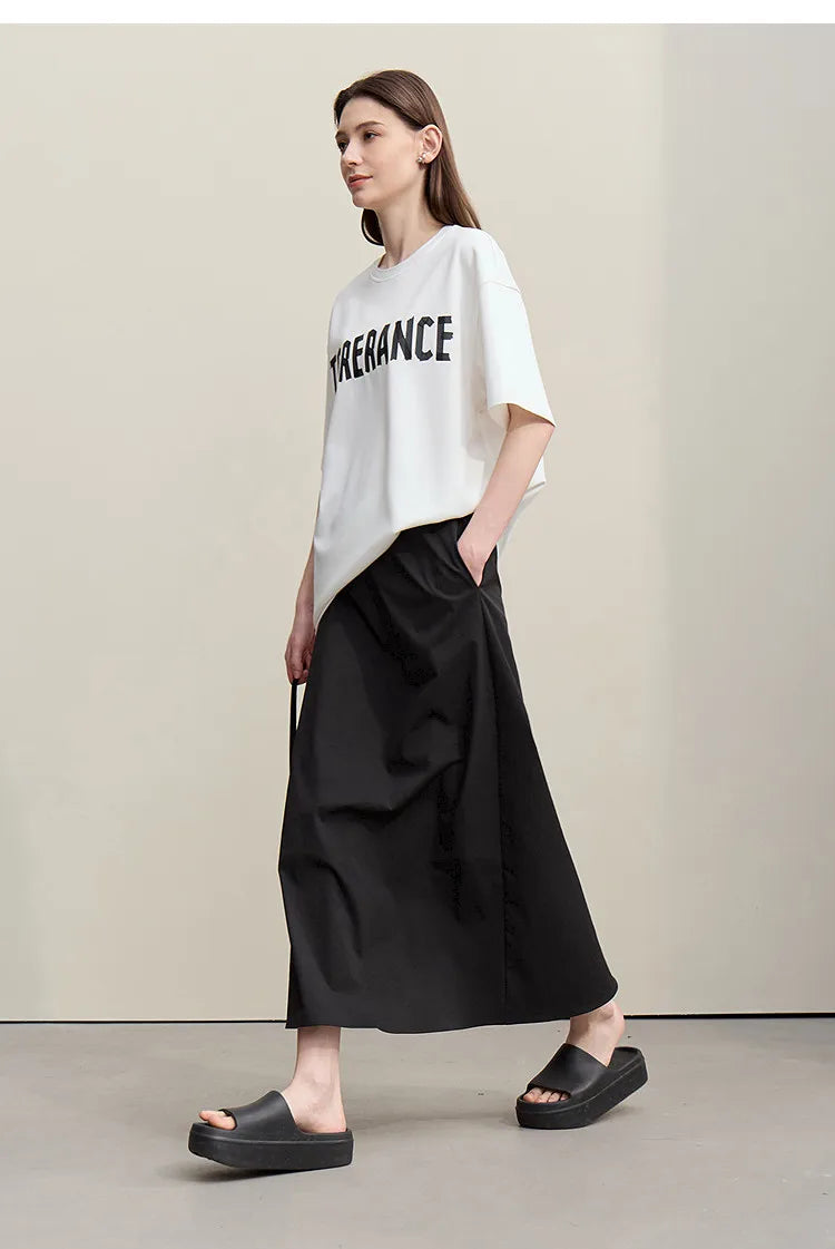 Women's Skirt 2026 Summer New Leisure Elastic Waist Slit A-Line Midi Skirt Women's Loose Embroidered Woman Clothes 12621058