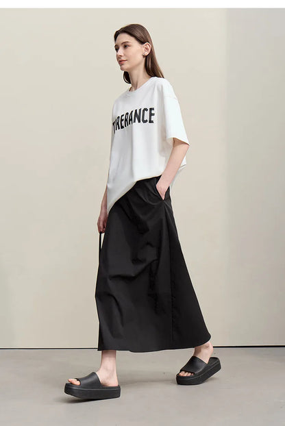 Women's Skirt 2026 Summer New Leisure Elastic Waist Slit A-Line Midi Skirt Women's Loose Embroidered Woman Clothes 12621058