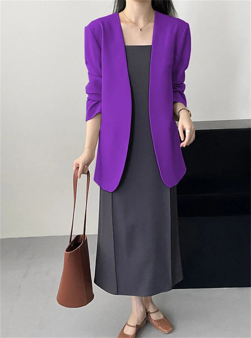 Fashion New Solid Casual Joker Women's Blazer Spring Autumn No Placket Cardigan Suit Jackets V-neck Long Sleeve 19-Color Coats