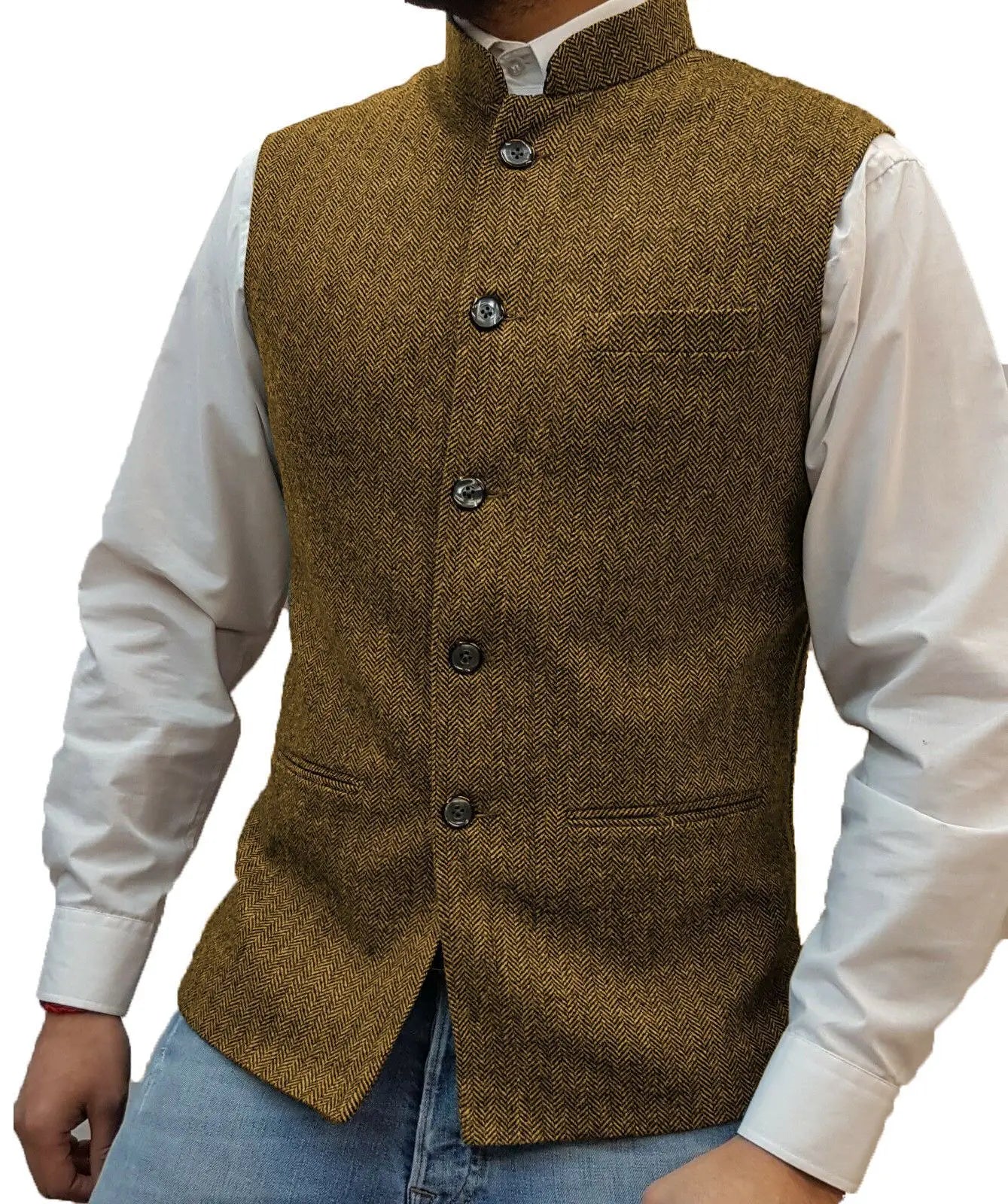 Mens Retro Vest Herringbone Wool Blended Smart Casual Stand Collar Single Breasted Waistcoat Adjustable Buckle Men's Suit Vest