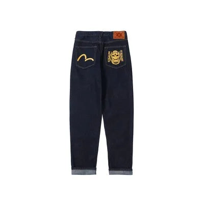 Japanese Handmade Embroidered Jeans Men's Pure Cotton Straight Tube Hip-Hop Popular Slim Red Ears Show Thin Trousers Devil