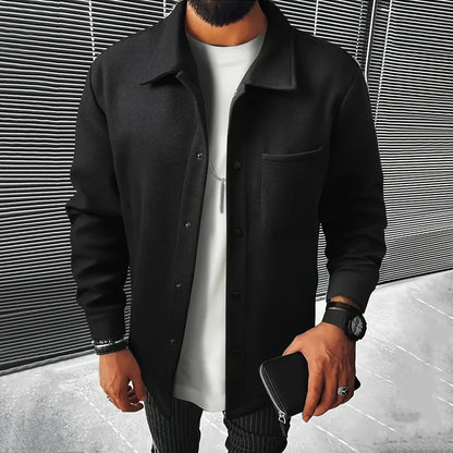 Men's Polyester Brushed Jacket, Lapel Button/Zipper Coat with Pocket, Comfortable Casual Autumn Winter Office Business Wear
