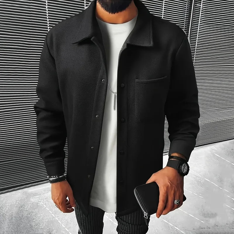 Men's Polyester Brushed Jacket, Lapel Button/Zipper Coat with Pocket, Comfortable Casual Autumn Winter Office Business Wear