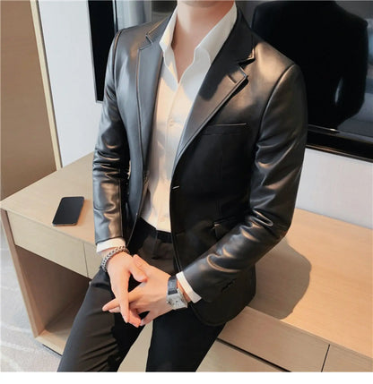 Men's Leather Jacket 2024 Autumn Highend Fashion Solid Slim Fit Business Blazers Coats Korean Casual PU Leather Suit Tuxedo