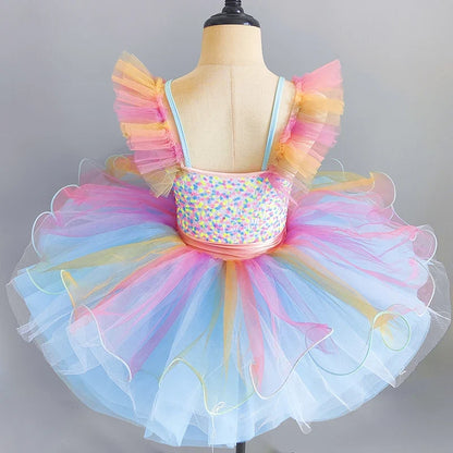 Kids Girls Ballet Dress Rainbow Color Dance Tutu Gymnastics Leotard Ballerina Dancewear Children Modern Performing Costume