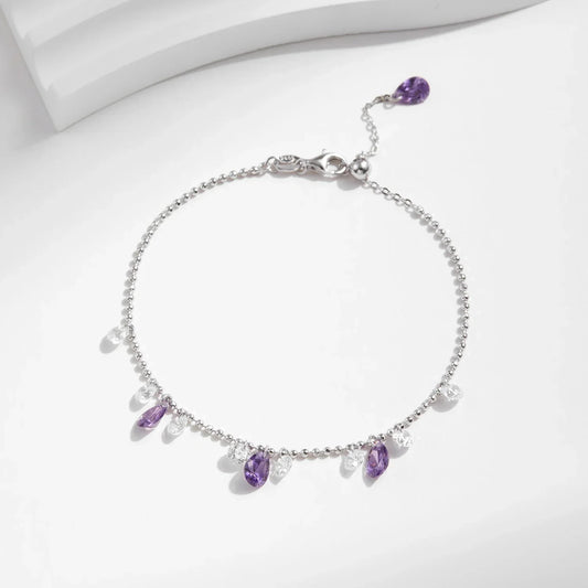 Bracelet chaîne à maillons perlés en argent sterling 925 avec breloque goutte d'eau en zircone violette, bracelet empilable pour femme, cadeau de bijoux