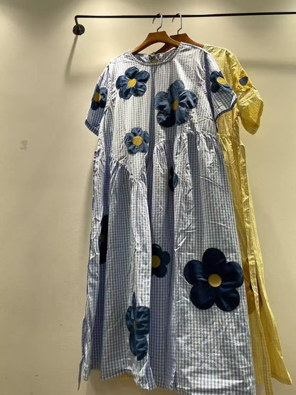2026 Mori girl sweet blue yellow striped floral embroider patchwork dress for women summer Japan style 100% cotton long dress