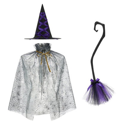 Halloween Witch Cloak Set Spider Web Sheer Mesh Cape Hat and Broom Set for Kids Boys Girls Appliques Feathers Animal