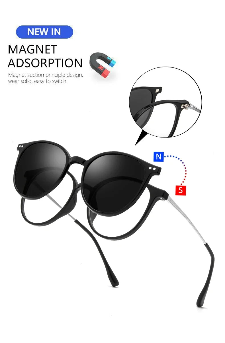 Magnetic Clip On Glasses Women Driving Polarised Round Pink Optical Myopia Eyewear Men Custom Prescription Glasses 2240