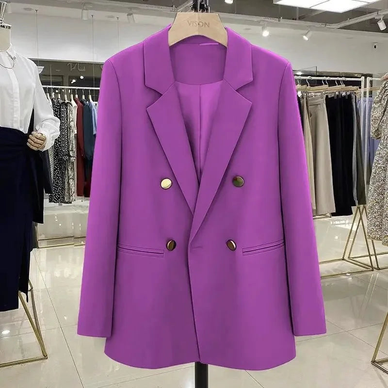 Blazer Woman Autumn Spring Long Sleeve Double Breatsed Lapel Loose Coat Slim Casual Jackets Office Ladies Vintage Blazers