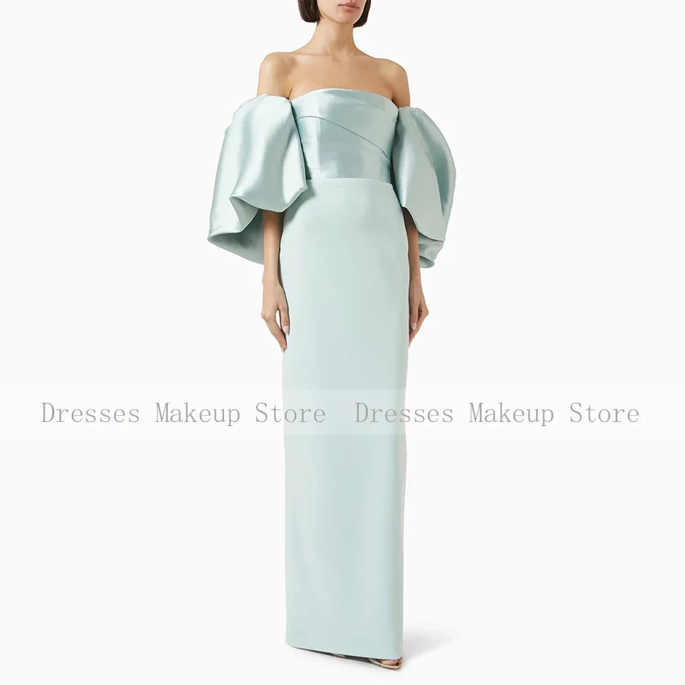 Customized Sky Blue Wedding Guest Dresses for Women Off the Shoulder Puff Sleeve Formal Gowns Long Backless Column Evening Dress