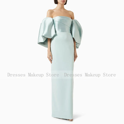 Customized Sky Blue Wedding Guest Dresses for Women Off the Shoulder Puff Sleeve Formal Gowns Long Backless Column Evening Dress