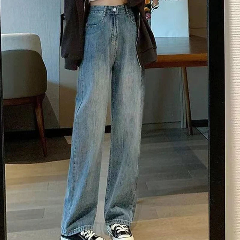 Woman High Waist Wide Leg Jeans Girls Casual Denim Straight Leg Pants Female White Black Blue Light Blue Beige Loose Trousers