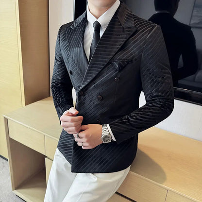 Autumn Winter New Velvet Suit Jacket Men Double-Breasted Striped Slim Fit Casual Coats High Quality Formal Business Tailcoat